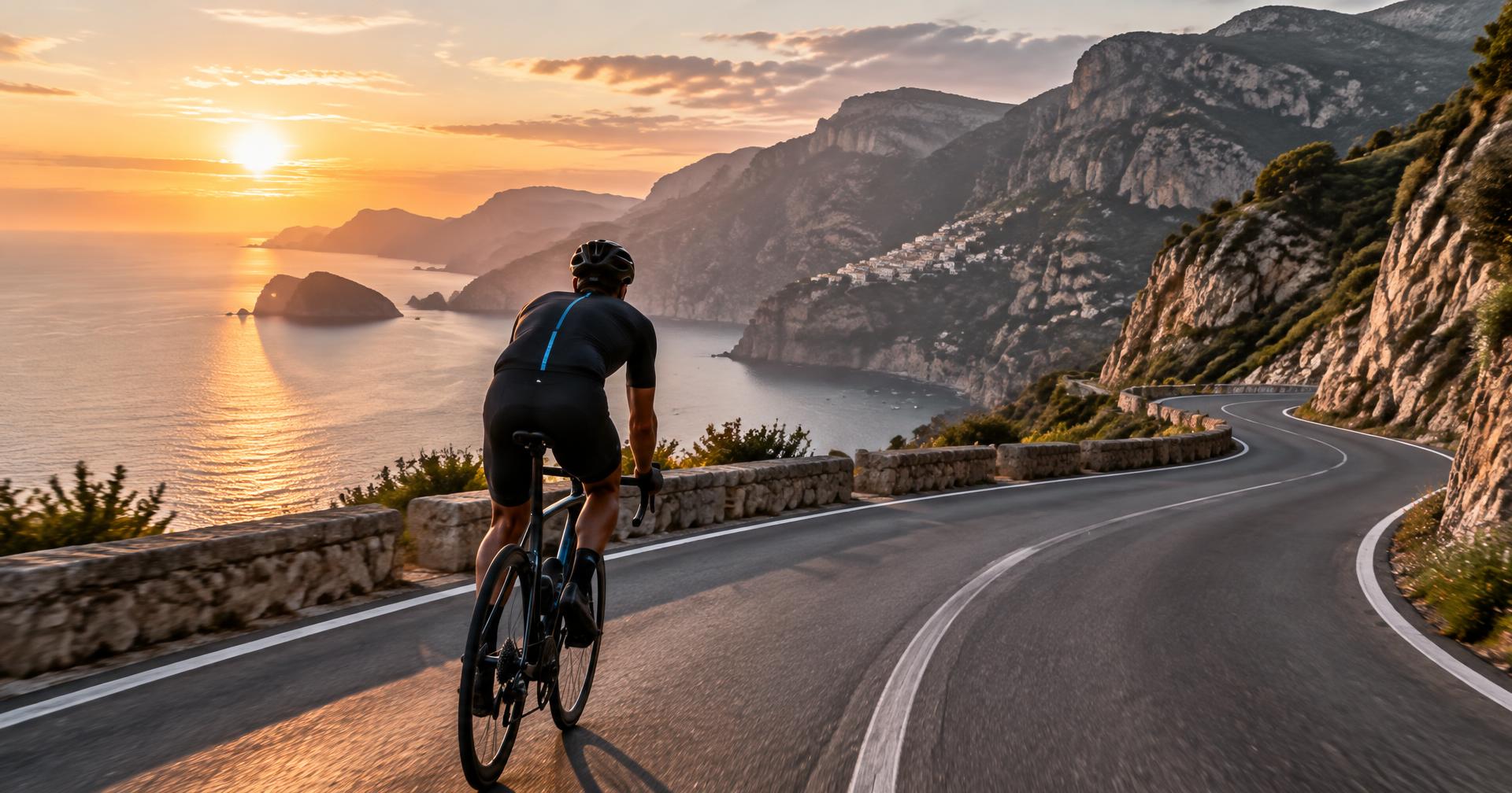 Cycliste sur une route côtière spectaculaire